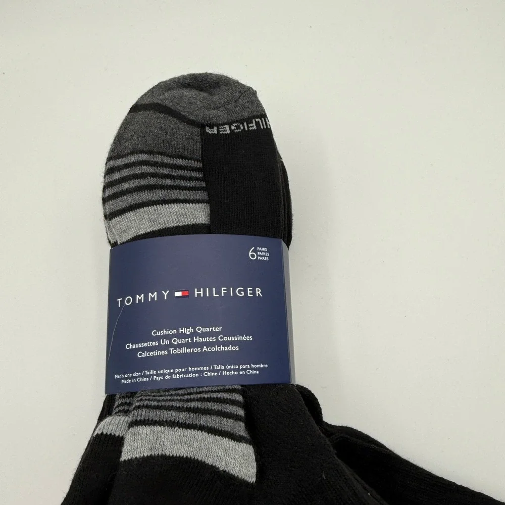 Tommy Hilfiger Socks Mens 7-12 Black Cushion High Quarter 6 Pair‎ Pack NEW